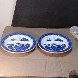 2 Blue Willow Divided Grill Plates Made in Japan